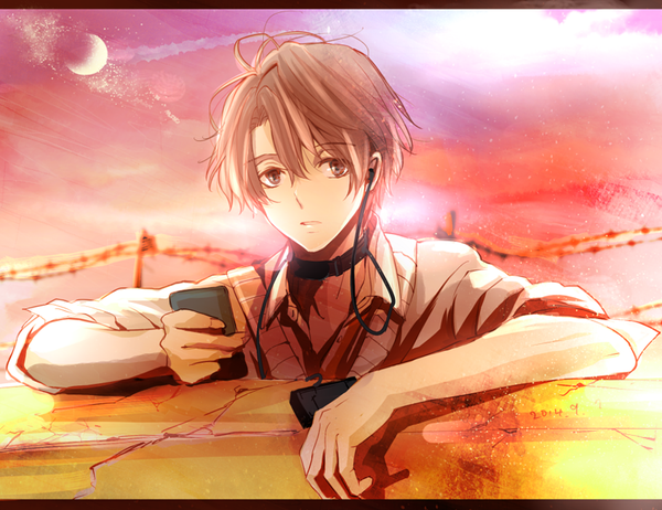 Anime picture 900x693 with aldnoah.zero a-1 pictures kaizuka inaho r u n a single looking at viewer fringe short hair hair between eyes brown hair holding brown eyes sky upper body parted lips dated crescent boy choker headphones