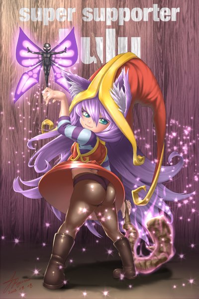 Anime picture 1650x2475 with league of legends lulu (league of legends) ryun (artist) single tall image blush light erotic smile animal ears purple hair ass very long hair aqua eyes girl underwear panties hat pantyhose witch hat staff