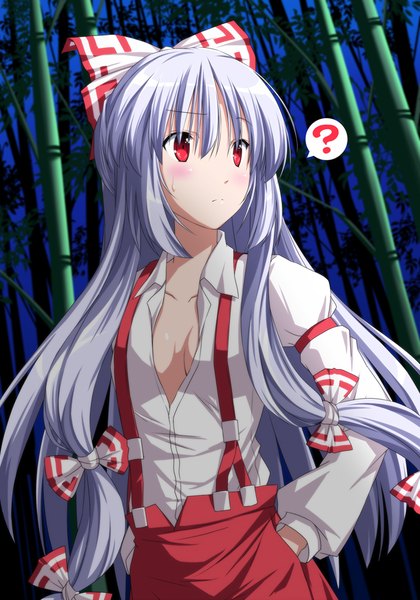 Anime picture 677x966 with touhou fujiwara no mokou nori tamago single long hair tall image blush light erotic red eyes cleavage silver hair hand in pocket ? bamboo forest girl bow plant (plants) hair bow tree (trees) forest