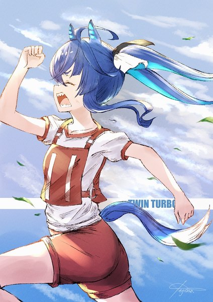 Anime picture 724x1024 with umamusume twin turbo (umamusume) kageno 96 single long hair tall image fringe open mouth hair between eyes twintails signed animal ears blue hair sky cloud (clouds) ahoge tail eyes closed animal tail profile