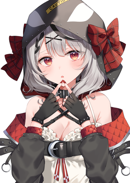Anime picture 800x1130 with virtual youtuber hololive sakamata chloe sakamata chloe (1st costume) myusha single tall image looking at viewer blush short hair breasts light erotic simple background red eyes white background cleavage silver hair upper body off shoulder fingers together