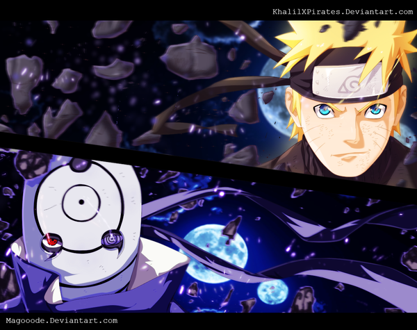 Anime picture 1158x917 with naruto studio pierrot naruto (series) uzumaki naruto uchiha obito tobi khalilxpirates magooode short hair blue eyes blonde hair smile red eyes purple eyes night multiple boys night sky heterochromia coloring facial mark