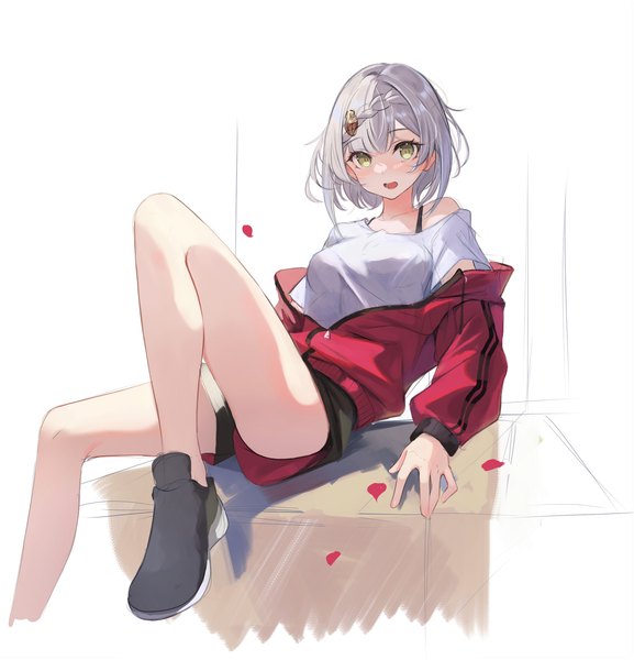 Anime picture 2208x2296 with genshin impact noelle (genshin impact) lumo 1121 single tall image looking at viewer highres short hair open mouth green eyes silver hair :d bare legs alternate costume girl petals