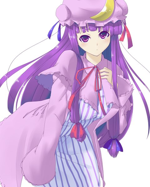Anime picture 1024x1280 with touhou patchouli knowledge muranisaki single long hair tall image simple background white background purple eyes purple hair tress ribbon :< girl ribbon (ribbons) hair ribbon hat bonnet