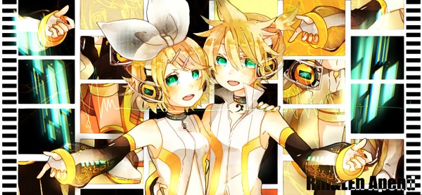 Anime picture 1500x696 with vocaloid kagamine rin kagamine len maple (cyakapon) blush short hair open mouth blonde hair wide image bare shoulders green eyes nail polish girl boy bow hair bow detached sleeves headphones collar