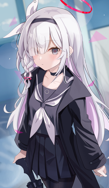 Anime-Bild 2313x3967 mit blue archive plana (blue archive) musson single long hair tall image fringe highres silver hair braid (braids) multicolored hair from above hair over one eye open clothes grey eyes side braid colored inner hair girl uniform choker