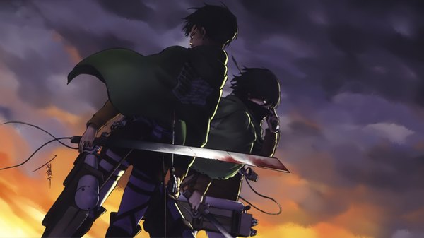 Anime picture 1920x1080 with shingeki no kyojin production i.g mikasa ackerman levi (rivaille) highres short hair wide image standing holding sky cloud (clouds) wind from below evening bloody weapon girl boy uniform weapon belt