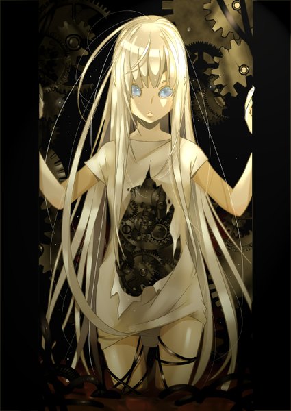 Anime picture 1000x1412 with original nanahara single long hair tall image looking at viewer fringe blonde hair standing aqua eyes mechanical girl t-shirt wire (wires) gears cable