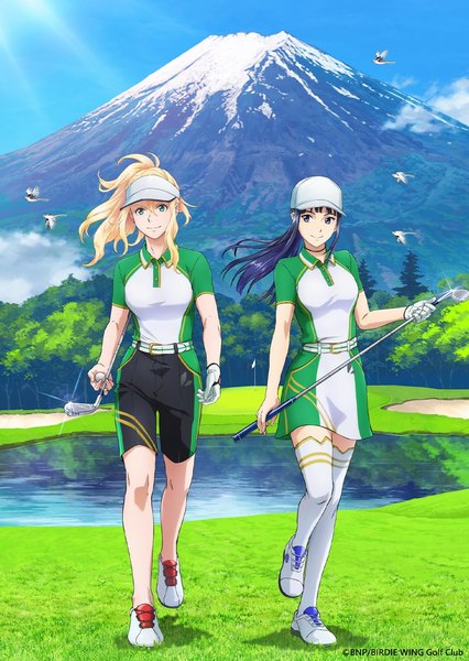Anime picture 900x1268 with birdie wing: golf girls' story amawashi aoi eve (birdie wing) ajiki kei long hair tall image blonde hair smile multiple girls blue hair full body outdoors ponytail official art mountain golf girl thighhighs 2 girls animal