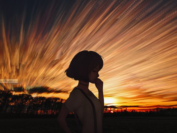 Anime picture 1424x1071 with original ilya kuvshinov our happiness matt molloy single short hair black hair smile sky cloud (clouds) upper body outdoors eyes closed profile realistic short sleeves text evening looking down sunset