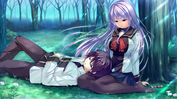 Anime picture 1024x576 with shin shirogane no soleil skyfish (studio) hagall brunhild long hair short hair black hair wide image purple eyes game cg silver hair couple girl boy uniform plant (plants) school uniform pantyhose tree (trees) glasses