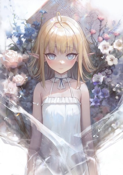 Anime picture 2067x2924 with original bingwei huang single long hair tall image looking at viewer blush fringe highres blue eyes blonde hair standing bare shoulders upper body ahoge blunt bangs light smile pointy ears sleeveless elf