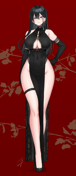 Anime picture 1432x3289 with original classy-black-haired girl (hayabusa) hayabusa single long hair tall image looking at viewer blush fringe breasts light erotic black hair simple background hair between eyes large breasts purple eyes bare shoulders cleavage full body bent knee (knees)