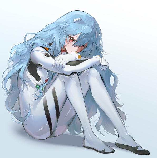 Anime picture 2973x2991 with neon genesis evangelion rebuild of evangelion evangelion: 3.0+1.0 thrice upon a time gainax ayanami rei nannaspad single long hair tall image looking at viewer fringe highres simple background hair between eyes red eyes sitting blue hair full body blue background leg hug