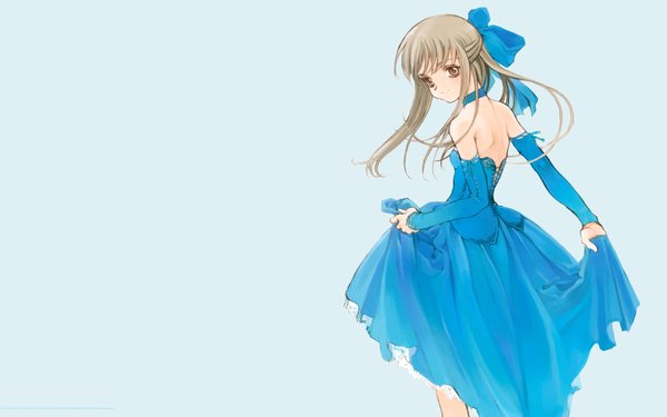 Anime picture 1920x1200 with littlewitch oyari ashito single long hair highres simple background brown hair wide image bare shoulders brown eyes blue background half updo girl dress bow hair bow detached sleeves blue dress