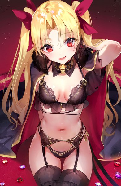Anime picture 2299x3525 with fate (series) fate/grand order ereshkigal (fate) nekometaru single long hair tall image looking at viewer blush fringe highres open mouth light erotic simple background blonde hair smile hair between eyes red eyes sitting cleavage