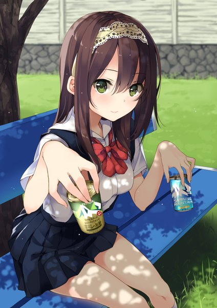 Anime picture 706x1000 with original unasaka ryou single long hair tall image looking at viewer blush fringe smile hair between eyes brown hair sitting holding green eyes outdoors pleated skirt from above sunlight shadow short sleeves