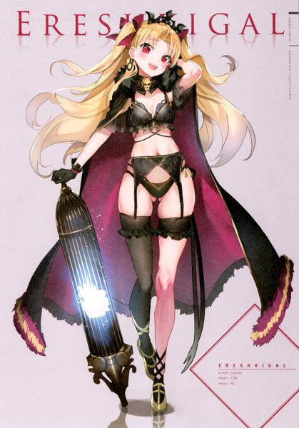 Anime picture 4244x6071 with fate (series) fate/grand order ereshkigal (fate) nekometaru single long hair tall image looking at viewer blush fringe highres open mouth light erotic simple background blonde hair smile red eyes standing holding absurdres