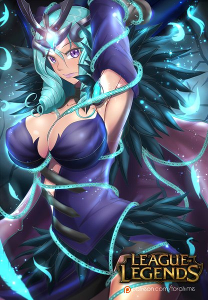 Anime picture 1024x1475 with league of legends emilia leblanc torahime (roland00) single long hair tall image looking at viewer breasts light erotic large breasts purple eyes aqua hair armpit (armpits) girl dress chain purple dress