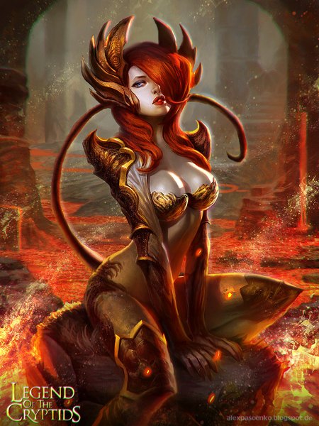 Anime picture 750x1000 with legend of the cryptids alexpascenko single long hair tall image looking at viewer fringe breasts blue eyes light erotic sitting tail lips hair over one eye orange hair pale skin lava girl armor