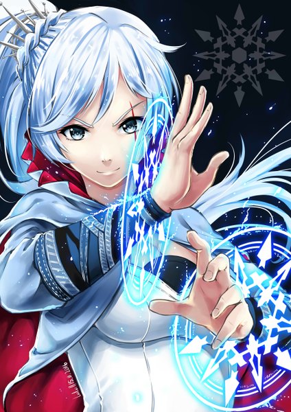 Anime picture 1920x2716 with rwby rooster teeth marvel comics weiss schnee doctor strange lulu-chan92 single long hair tall image looking at viewer fringe highres breasts blue eyes smile signed silver hair upper body ponytail arm up