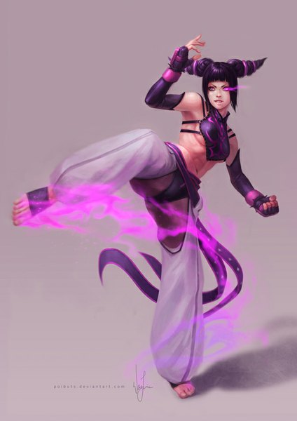 Anime picture 636x900 with street fighter capcom han juri poibuts single tall image short hair light erotic simple background looking away purple hair pink eyes lips bare belly glowing glowing eye (eyes) fighting stance girl gloves elbow gloves