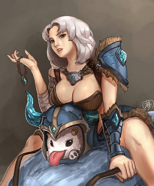 Anime picture 800x967 with league of legends poro (league of legends) sejuani (league of legends) supullim single tall image short hair breasts light erotic simple background large breasts silver hair horn (horns) lips black eyes brown background girl tongue armor pendant