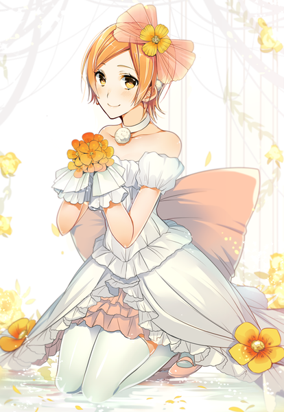 Anime picture 700x1013 with love live! school idol project sunrise (studio) love live! hoshizora rin okia single tall image looking at viewer blush short hair smile bare shoulders yellow eyes orange hair girl thighhighs dress flower (flowers) white thighhighs wedding dress
