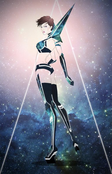 Anime picture 825x1275 with bishoujo senshi sailor moon toei animation sailor star fighter abrahamcruz single tall image looking at viewer short hair blue eyes light erotic brown hair standing looking back lips alternate costume alternate hairstyle leg lift (legs lift) space girl thighhighs