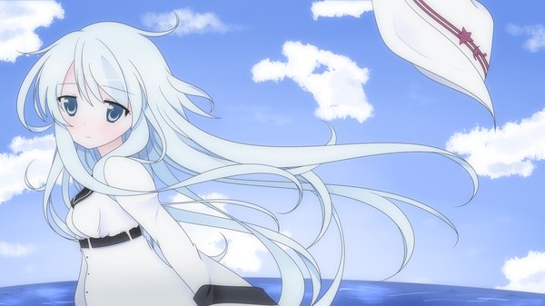 Anime picture 1920x1080 with kantai collection hibiki destroyer verniy destroyer 417rilana single long hair looking at viewer highres blue eyes wide image sky cloud (clouds) white hair girl dress hat