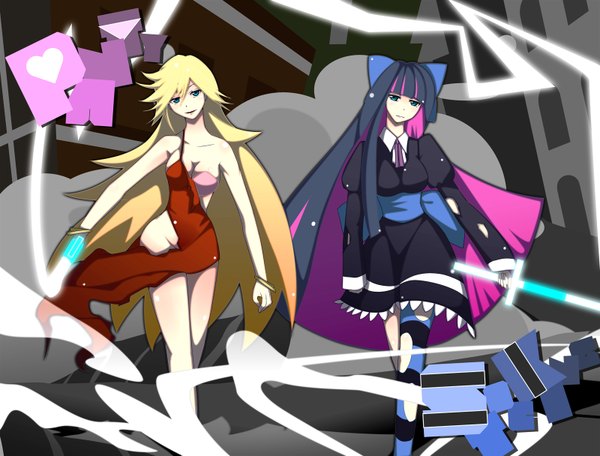 Anime picture 1600x1216 with panty & stocking with garterbelt anarchy stocking anarchy panty long hair light erotic blonde hair multiple girls purple hair multicolored hair torn clothes colored inner hair girl thighhighs dress bow weapon 2 girls hair bow sword necktie