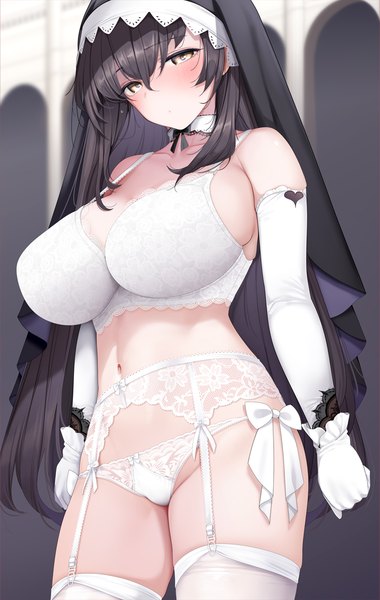 Anime picture 776x1225 with original giba (out-low) long hair tall image looking at viewer blush fringe breasts light erotic black hair hair between eyes large breasts standing yellow eyes embarrassed finger to mouth solo focus lace-trimmed bra girl thighhighs