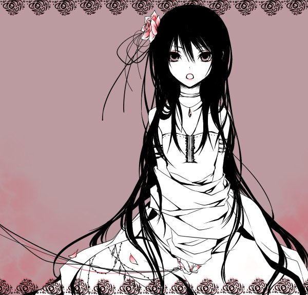 Anime picture 1200x1150 with original kuroi (liar-player) long hair looking at viewer open mouth black hair bare shoulders brown eyes hair flower monochrome girl dress hair ornament petals pendant