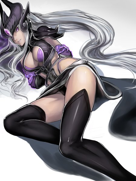 Anime picture 1200x1600 with league of legends syndra kumiko shiba single tall image looking at viewer breasts light erotic simple background purple eyes very long hair grey hair girl thighhighs black thighhighs