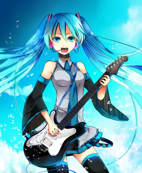 Anime picture 1800x2200 with vocaloid hatsune miku temari (deae) single long hair tall image highres open mouth blue eyes blue hair singing girl detached sleeves headphones musical instrument guitar