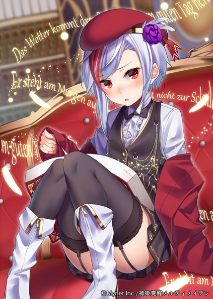Anime picture 573x800 with original ray-akila single tall image blush short hair open mouth light erotic red eyes white hair multicolored hair two-tone hair streaked hair girl thighhighs dress black thighhighs boots garter straps feather (feathers)