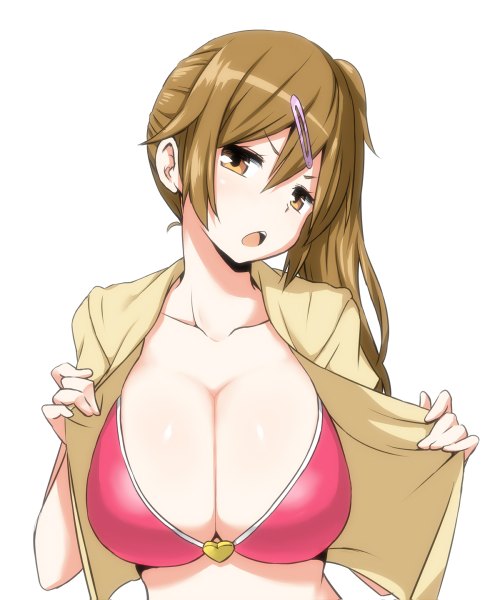 Anime picture 1000x1199 with chuunibyou demo koi ga shitai! kyoto animation nibutani shinka zaxwu single long hair tall image breasts open mouth light erotic simple background blonde hair white background open clothes orange eyes open shirt huge breasts girl hair ornament hairclip