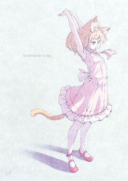 Anime picture 707x1000 with original satyuas single tall image short hair simple background blonde hair standing animal ears looking away full body tail animal tail cat ears arms up shadow cat girl cat tail girl dress