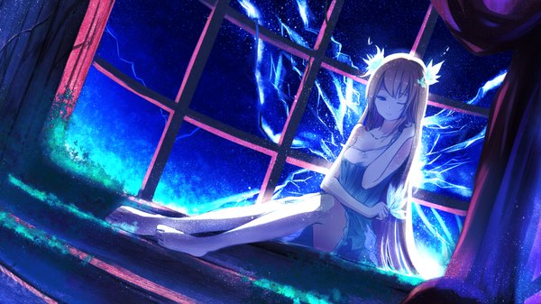 Anime picture 3200x1800 with original red flowers single long hair looking at viewer fringe highres blue eyes brown hair wide image sitting payot indoors one eye closed barefoot night night sky adjusting hair strap slip electricity