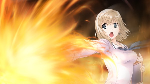 Anime picture 2048x1152 with tokyo babel highres short hair open mouth blue eyes wide image game cg white hair girl serafuku fire