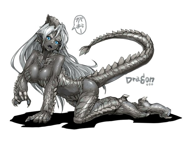 Anime picture 1000x750 with oso (pixiv) single long hair breasts open mouth blue eyes light erotic large breasts white background full body tail pointy ears grey hair monster girl dragon girl girl speech bubble dragon claws