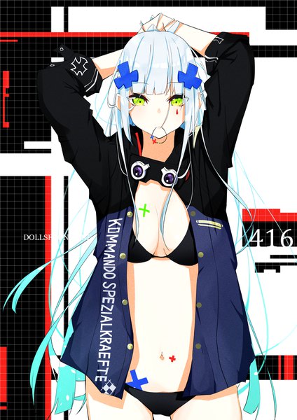 Anime picture 2894x4093 with girls frontline hk416 (girls frontline) ichiki 1 single long hair tall image looking at viewer fringe highres breasts light erotic standing holding green eyes payot blue hair blunt bangs arms up open jacket bare belly