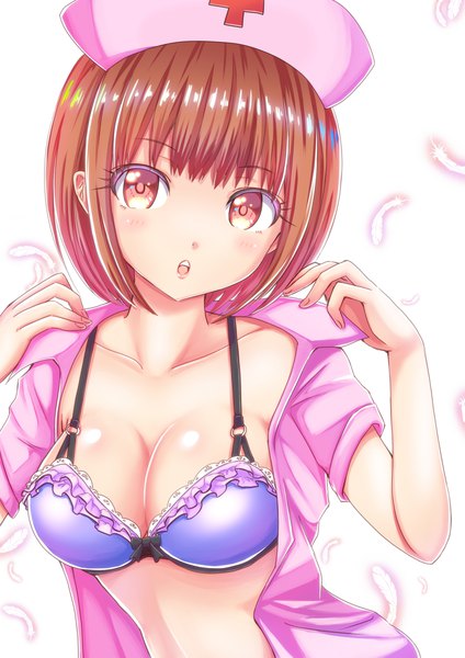 Anime picture 1447x2047 with original tenzeru single tall image looking at viewer blush fringe short hair breasts open mouth light erotic simple background brown hair large breasts white background brown eyes cleavage upper body blunt bangs open clothes