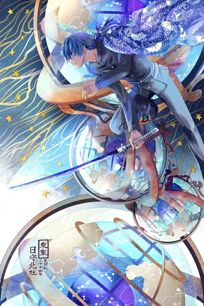 Anime picture 667x1000 with original tamahagane gakuen touransai hikami hokuto isu mogu (artist) single long hair tall image blue eyes blue hair bent knee (knees) ponytail profile leg lift (legs lift) jumping boy weapon sword jacket katana star (symbol)