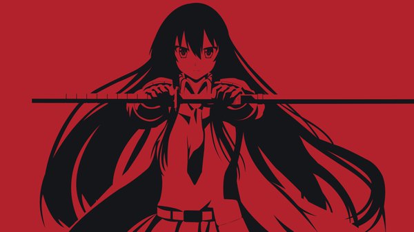 Anime picture 8000x4500 with akame ga kill! white fox akame (akame ga kill!) viidify single long hair looking at viewer fringe highres black hair simple background hair between eyes wide image holding absurdres monochrome red background vector serious girl