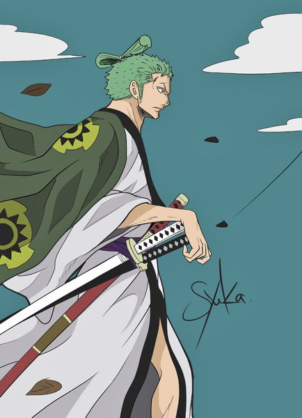 Anime-Bild 927x1280 mit one piece toei animation roronoa zoro one syuka single tall image short hair standing green eyes signed looking away cloud (clouds) traditional clothes japanese clothes profile green hair wind wide sleeves alternate hairstyle hair up
