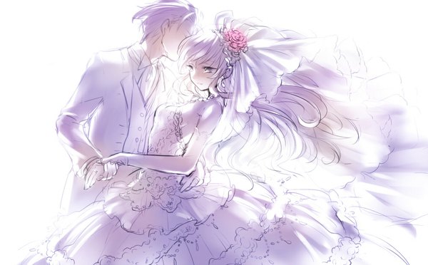Anime picture 1000x620 with original ria long hair short hair simple background brown hair wide image standing white background purple eyes bare shoulders silver hair purple hair couple hug holding hands silver eyes girl dress boy