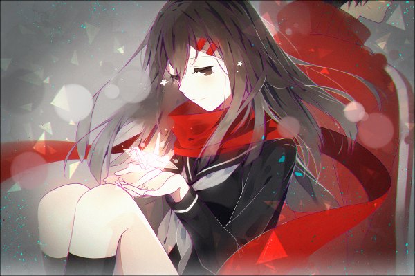 Anime picture 1200x798 with kagerou project shaft (studio) tateyama ayano kisaragi shintarou hakusai (tiahszld) long hair short hair black hair sitting grey eyes back to back girl boy uniform socks serafuku scarf black socks sports jacket origami