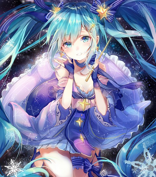 Anime picture 1500x1700 with vocaloid star night snow (vocaloid) hatsune miku yuki miku yuki miku (2017) takitou single tall image looking at viewer blush fringe smile twintails holding cleavage bent knee (knees) very long hair parted lips aqua eyes aqua hair