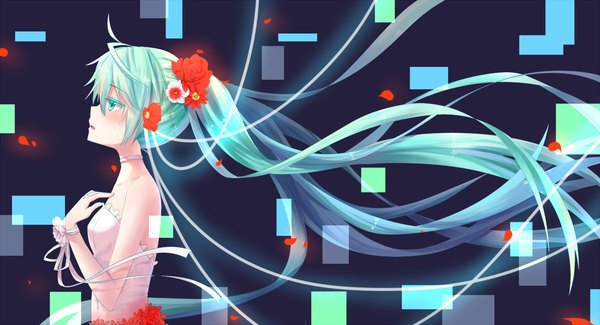 Anime picture 1450x787 with vocaloid hatsune miku transistor (poppy) single long hair blush open mouth simple background wide image twintails looking away profile hair flower aqua eyes aqua hair girl dress hair ornament flower (flowers) petals